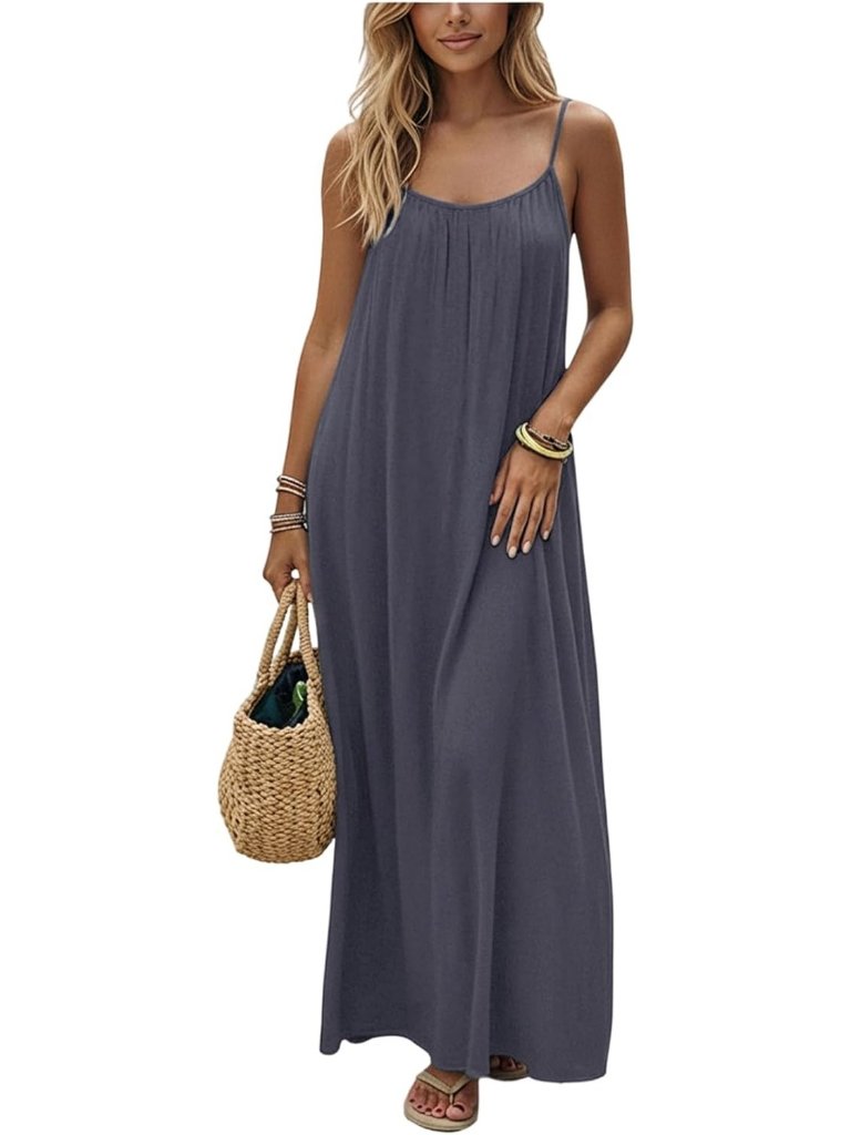 Women's Open Back Spaghetti Strap Beach Maxi Dress Dark Grey Flowy Sundress